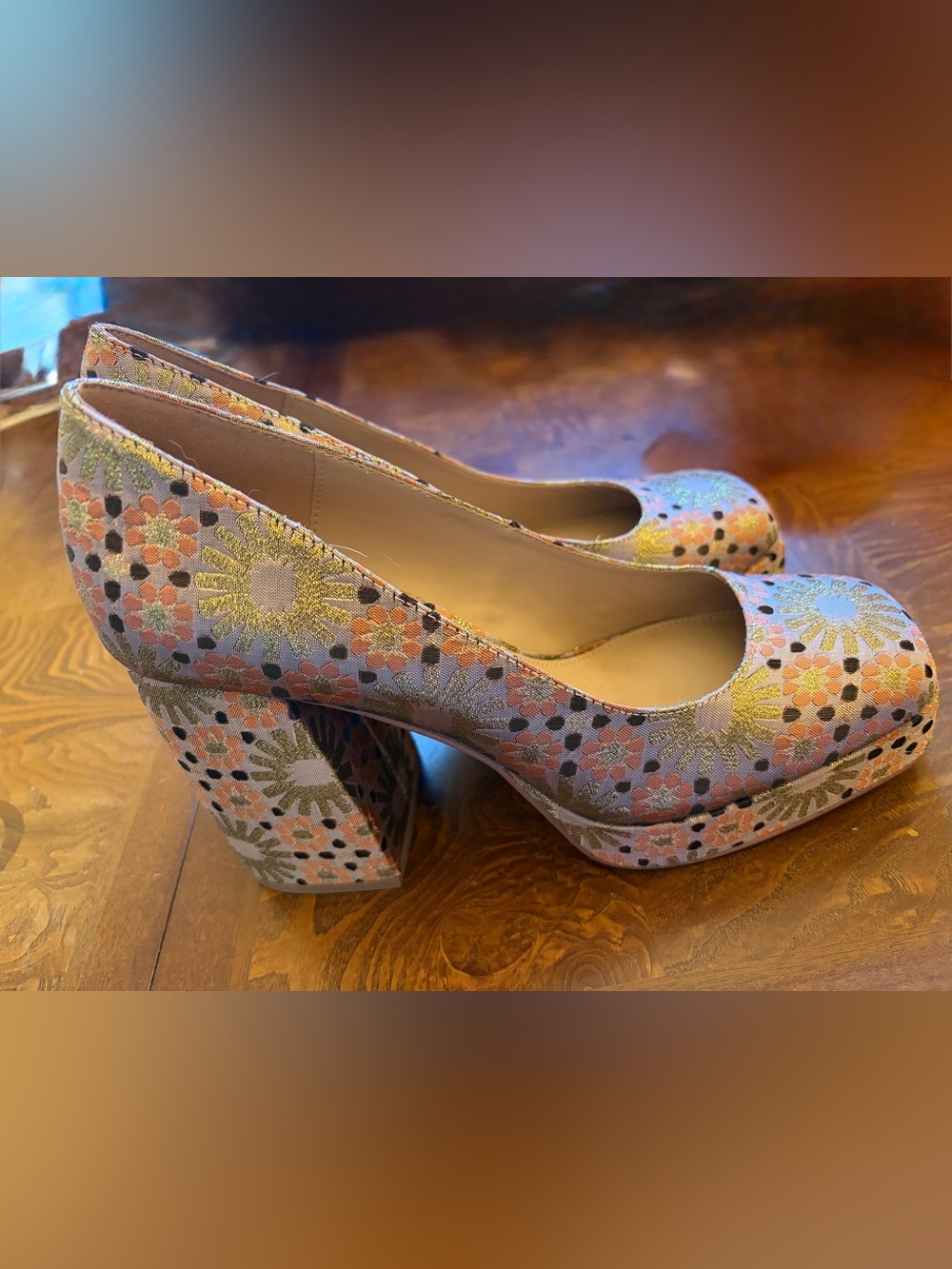 Katy Perry Collections Pink Gold Floral Platform Block Heels - Picture 4 of 14